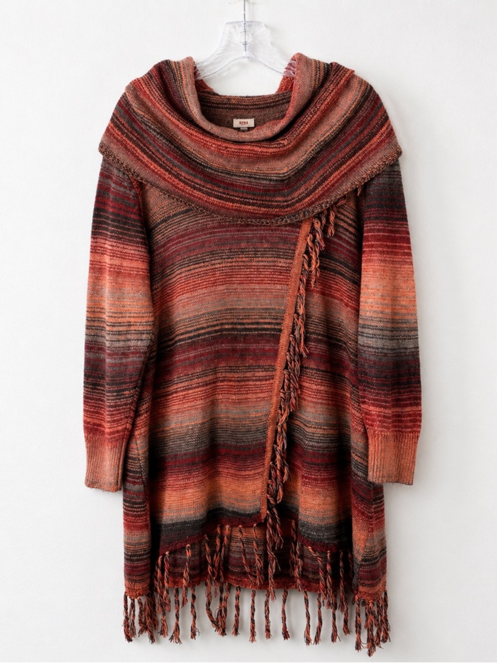REBA Monica Cowl Neck Sweater Fringe Ombre Knit Boho XL Cozy